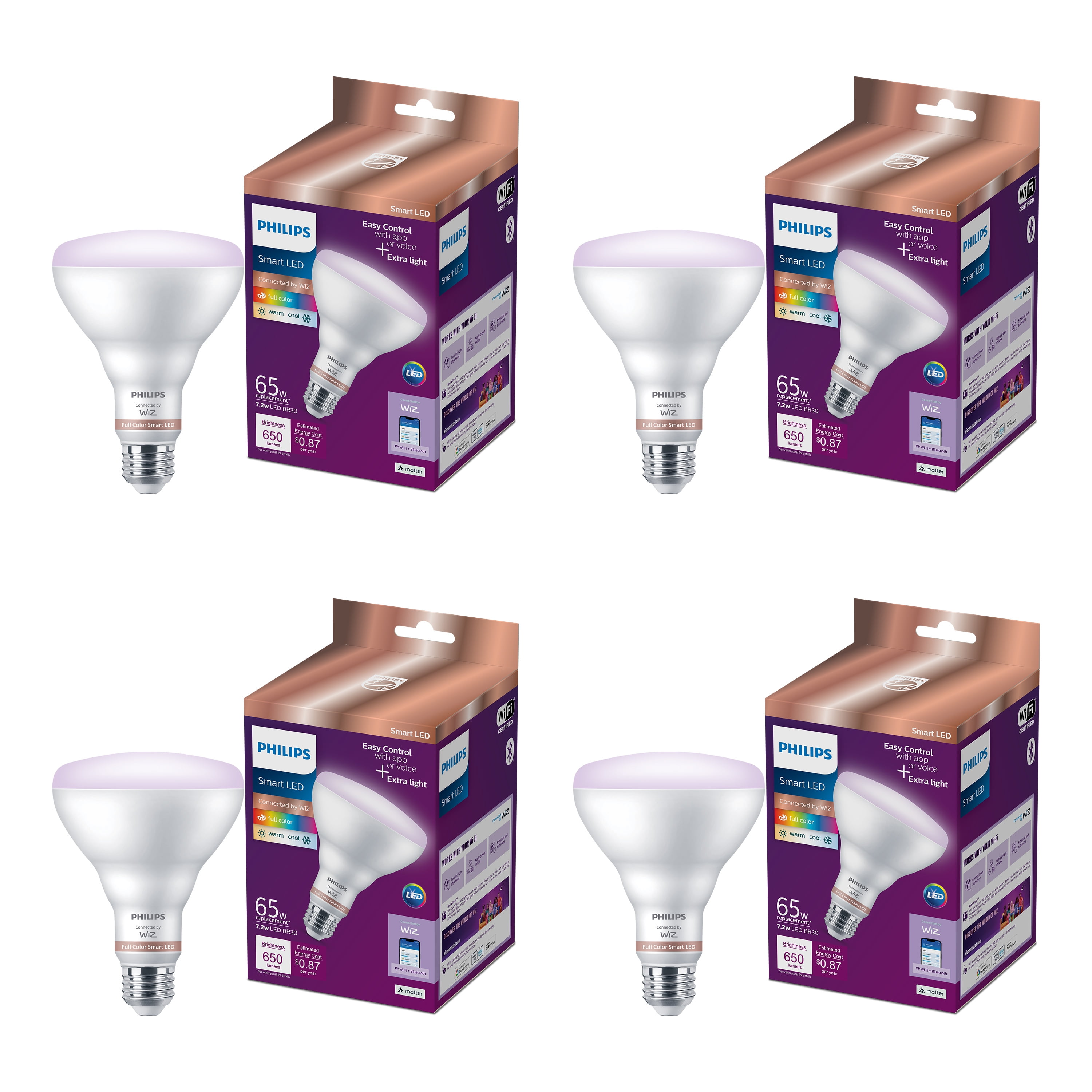 Philips Smart LED 65-Watt BR30 Floodlight Light Bulb, Color & Tunable White, Dimmable, E26 (4-Pack)