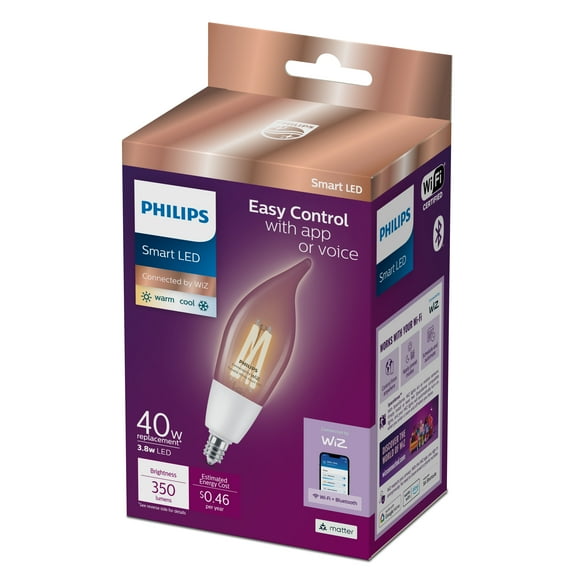 Philips Smart Wi-Fi Connected LED 40-Watt BA11 Filament Candle Light Bulb, Clear Tunable White, Dimmable, E12 Candelabra Base (1-Pack)