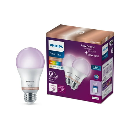 Philips Smart Wi-Fi Connected LED 60-Watt A19 Light Bulb, Frosted Color & Tunable White, Dimmable, E26 Medium Base (2-Pack)