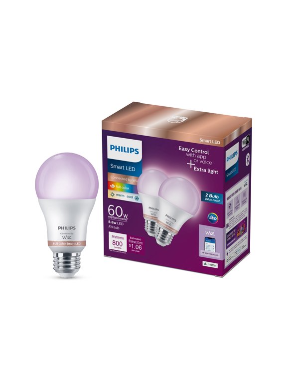 Philips Smart Wi-Fi Connected LED 60-Watt A19 Light Bulb, Frosted Color & Tunable White, Dimmable, E26 Medium Base (2-Pack)