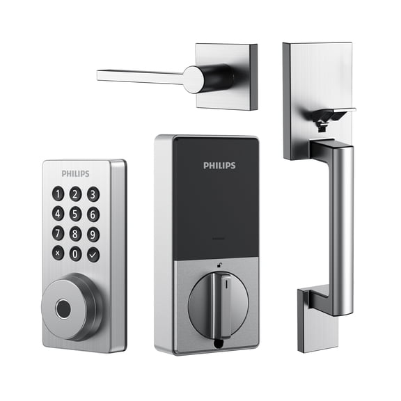 Philips Smart Wi-Fi Door Lock with Push Button Lighted Keypad Pin Code, Fingerprint Scanner, Traditional KEY and APP Access with Handle