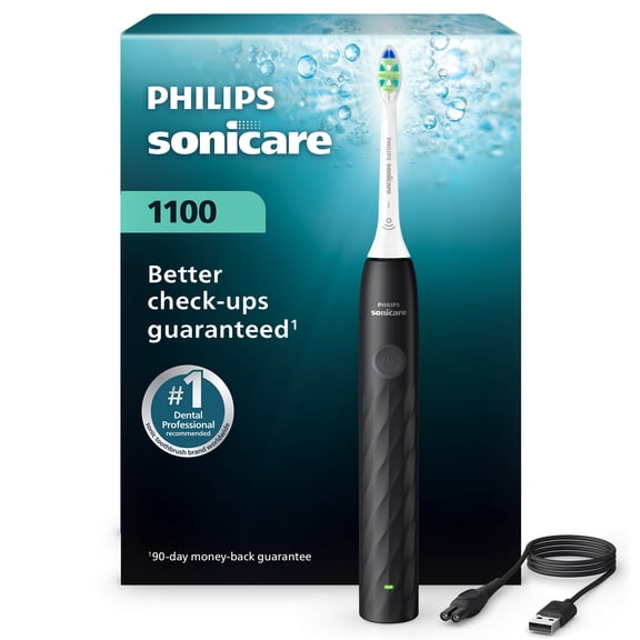 Philips Sonicare 1100 Series Electric Toothbrush - Sonic Toothbrush with Easystart Feature, Smartimer & Quadpacer, 14-Day Runtime, Black, Model HX3901/02