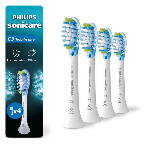 Philips Sonicare C3 Two-In-One - Genuine Replacement Electric Toothbrush Heads, White, 4 Pack One Year Supply, HX9044/65