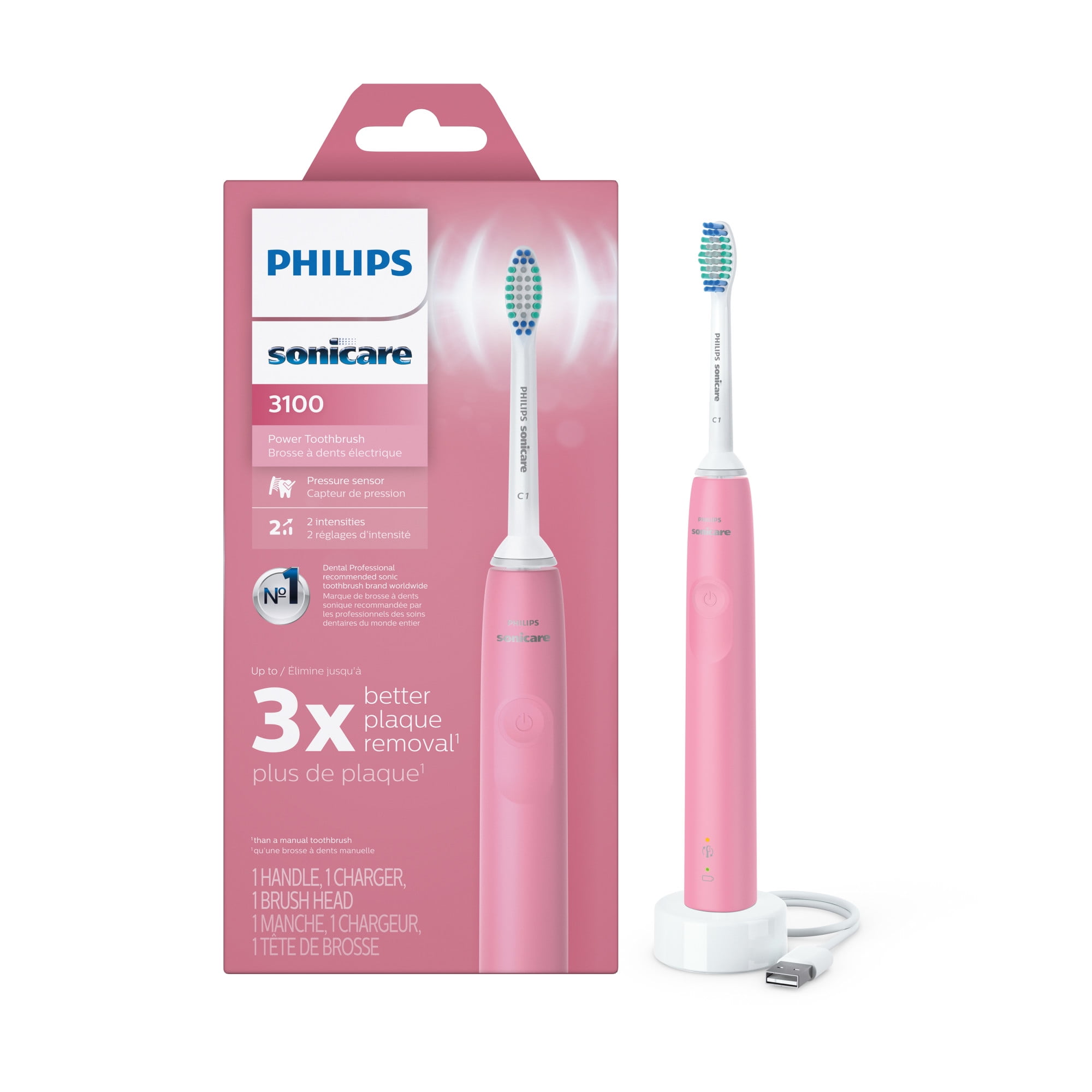 Philips Sonicare 3100 Power Toothbrush, Rechargeable Electric Toothbrush  with Pressure Sensor, Deep Pink HX3681/06