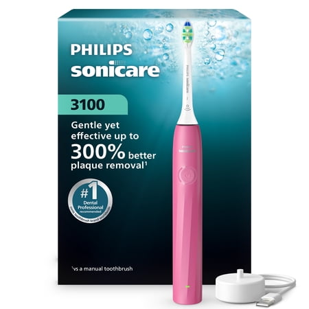 Philips Sonicare 3100 Series Electric Toothbrush - Sonic Toothbrush with 2 Intensity Levels, Easystart Feature, Smartimer & Quadpacer, 14-Day Runtime, Bright Pink, Model HX4021/05