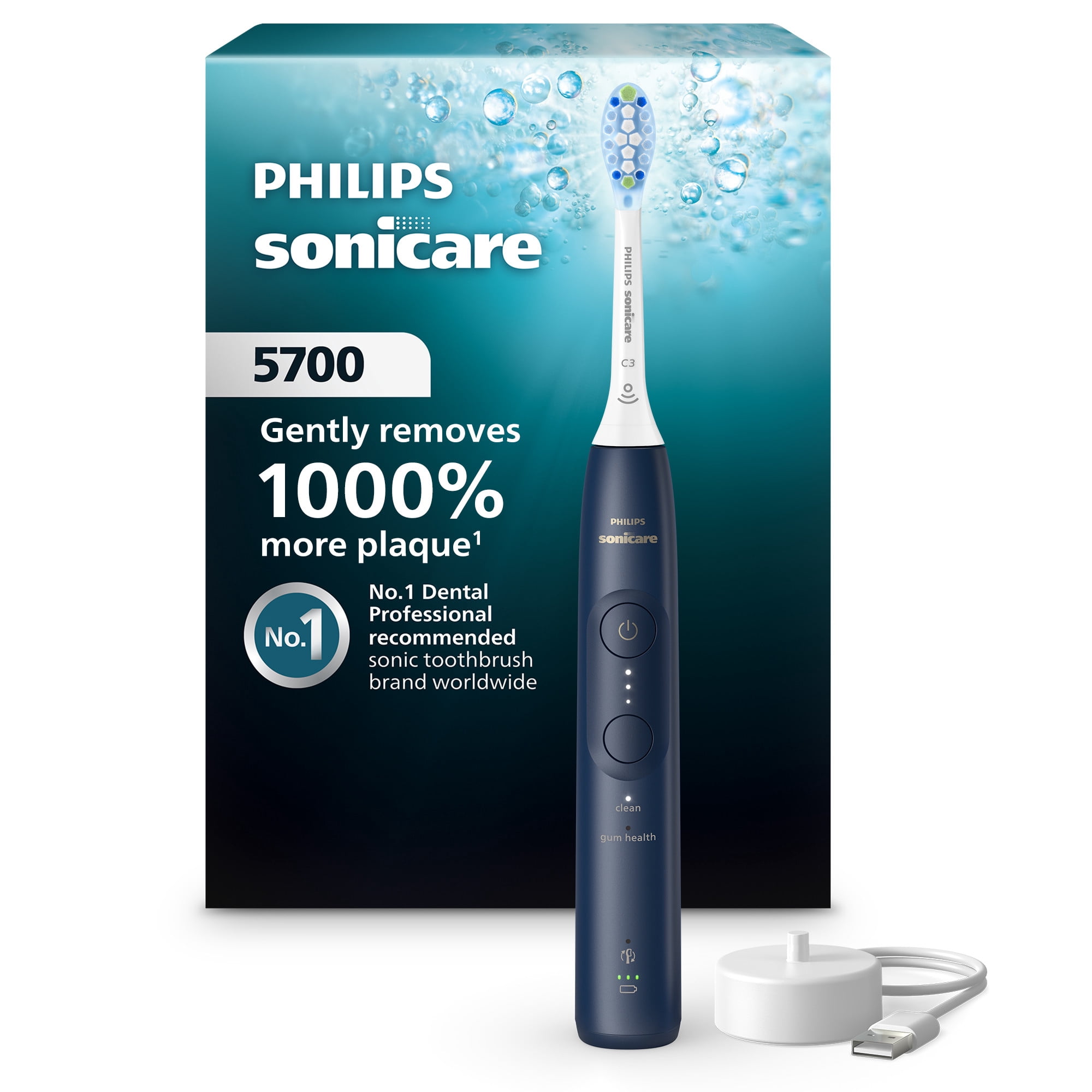 Philips Sonicare 5700 Series Electric Toothbrush - Next-Generation Sonicare Technology, Pressure Sensor, 6 Brushing Settings, Smartimer, Brushpacer, 21-Day Runtime, Navy Blue, Model HX7133/01