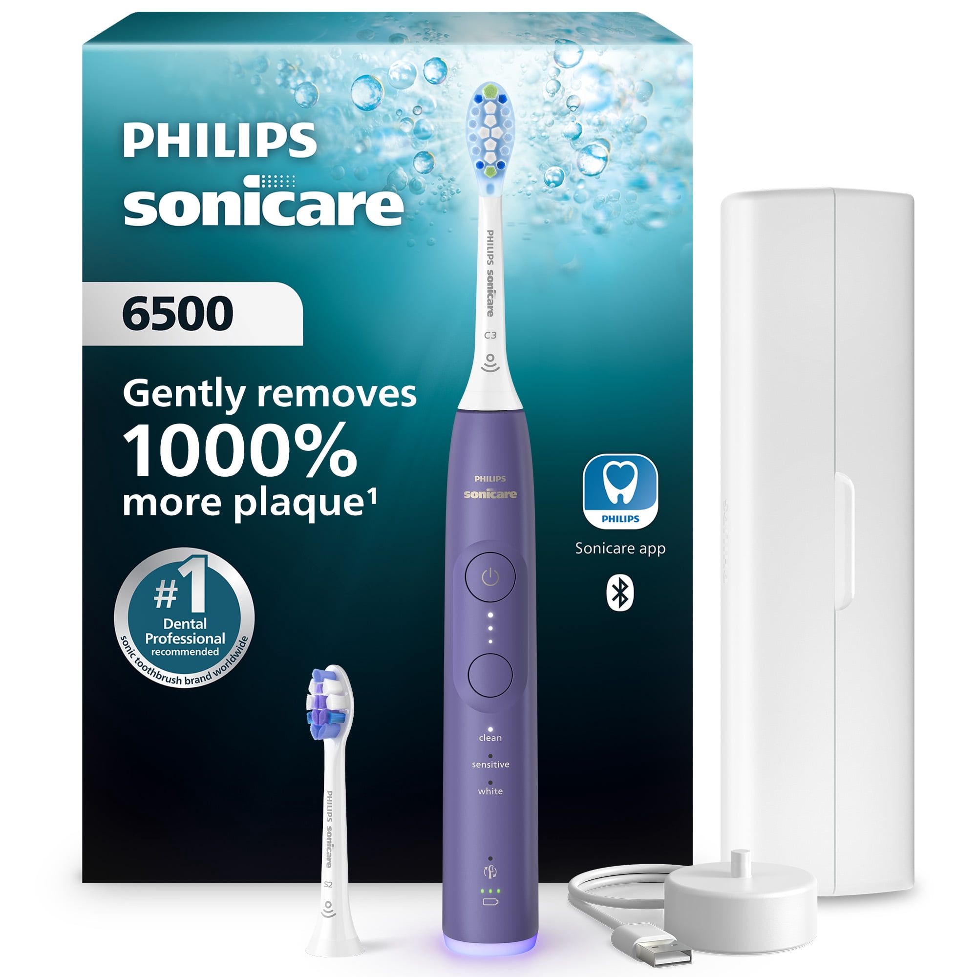 Philips Sonicare 6500 Series Electric Toothbrush - Next-Generation Sonicare Technology, Pressure Sensor, 9 Brushing Settings, SmarTimer, BrushPacer, 21-day Runtime, Travel Case, Purple, HX7417/05
