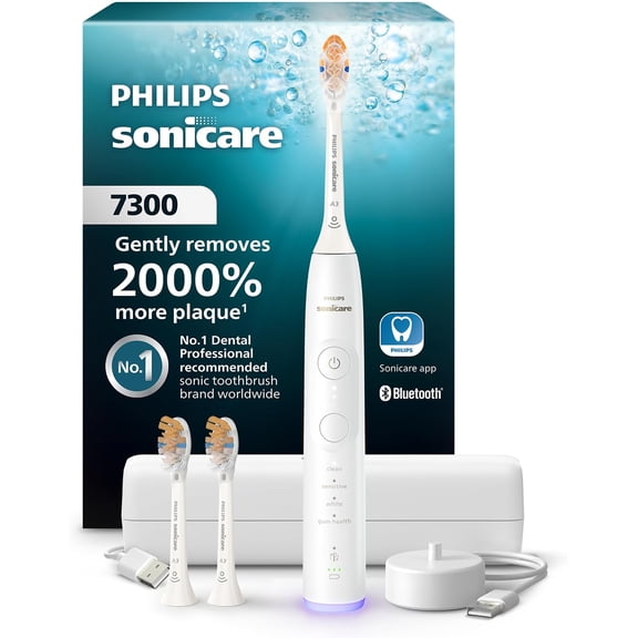 Philips Sonicare 7300 Rechargeable Electric Toothbrush, 3 Brush Head, White 2000% More Plaque Removal, Visual Pressure Sensor, 12 Brush Settings, App Connected, 21-Day Battery, Travel Case, HX7420/07