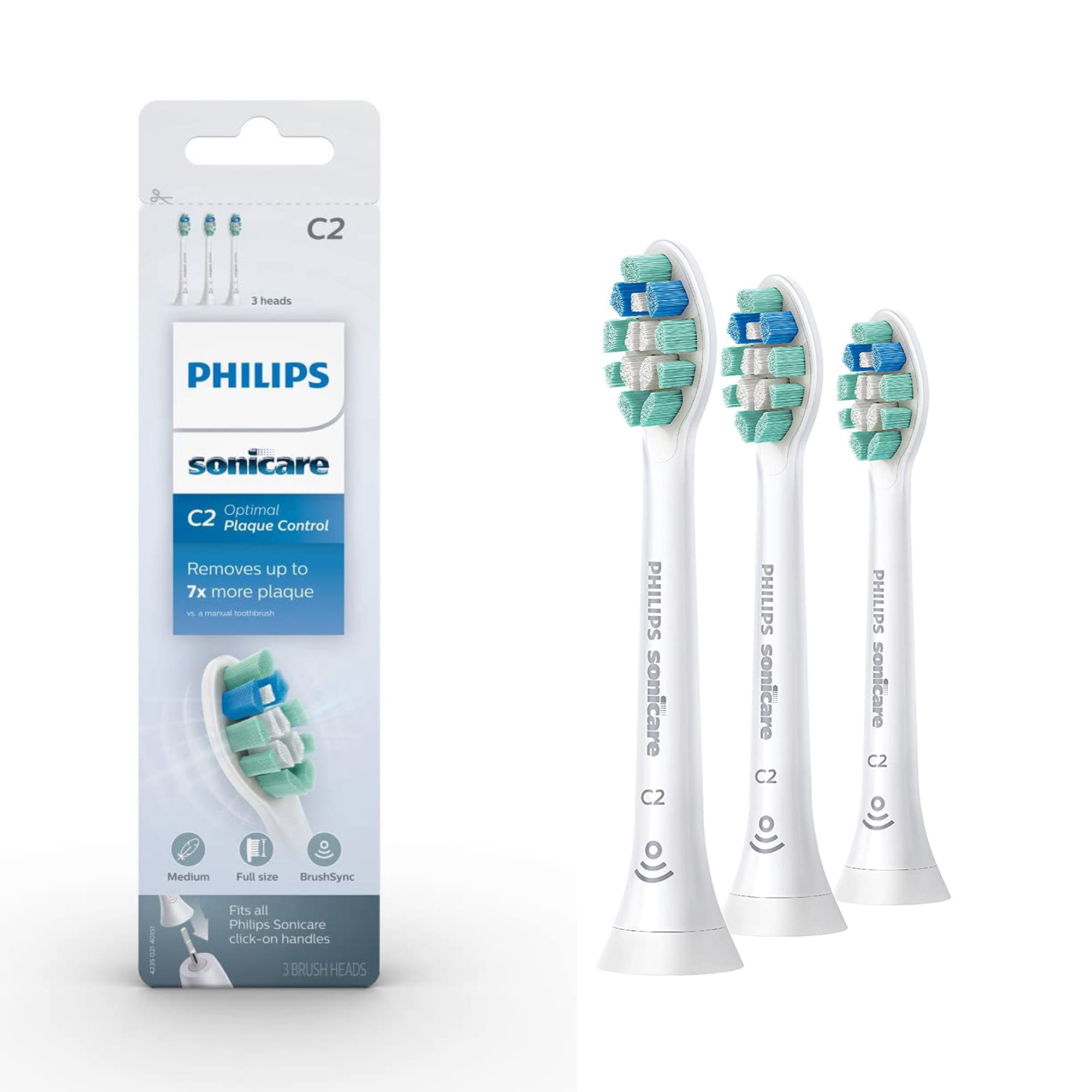 Philips Sonicare Genuine C2 Optimal Plaque Control Toothbrush Heads for Adults, 3 Brush Heads, White, HX9023/65