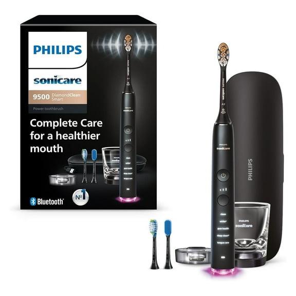 Philips Sonicare DiamondClean Smart 9500 Electric Toothbrush, Sonic Toothbrush with App, Pressure Sensor, Brush Head Detection, 5 Brushing Modes and 3 Intensity Levels, Black, Model HX9923/11