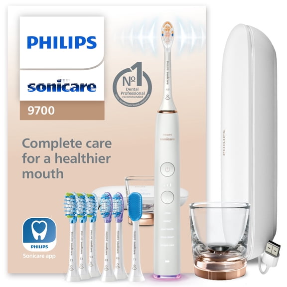 Philips Sonicare Diamondclean Smart 9700 Electric Toothbrush, Sonic Toothbrush with App, Pressure Sensor, Brush Head Detection, 5 Brushing Modes and 3 Intensity Levels, Rosegold, HX9957/81