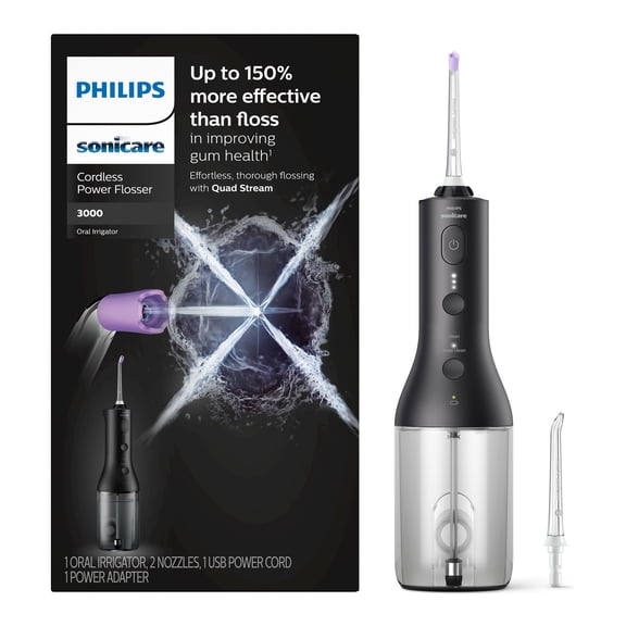 Philips Sonicare Cordless Power Flosser 3000 - Water Flosser with Innovative Quad Stream Technology, Oral Irrigator with 2 Flossing Modes and 3 Pressure Levels, Ipx7 Waterproof, Black, HX3826/23