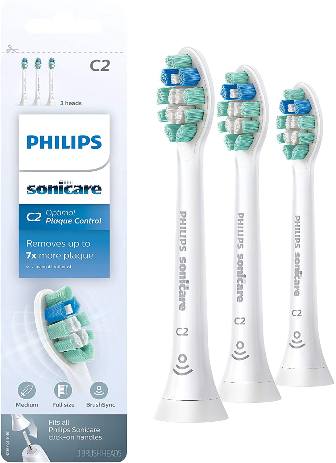 Philips Sonicare HX9023/65 Genuine C2 Optimal Plaque Control Toothbrush  Head, 3 Pack, White 