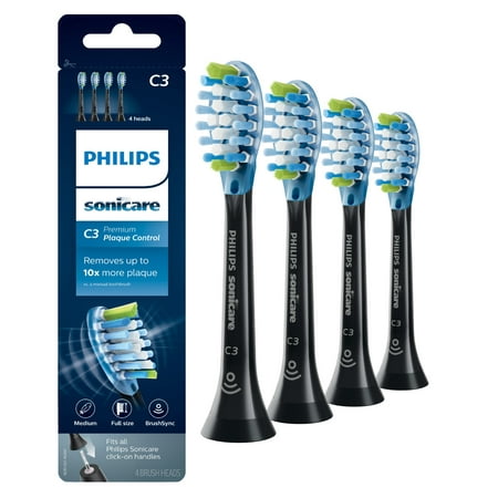 Philips Sonicare Premium Plaque Control Replacement Toothbrush Heads, HX9044/95, Brushsync Technology, Black 4-pk