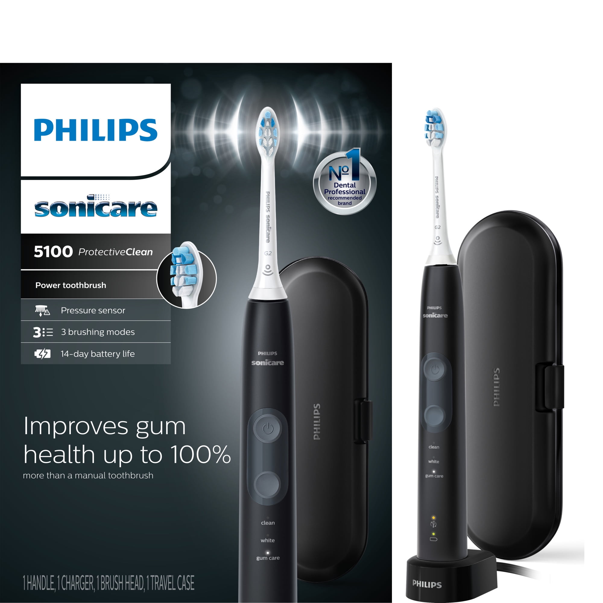 Philips Sonicare ProtectiveClean 5100 Adult Rechargeable Electric Toothbrush, Black HX685060