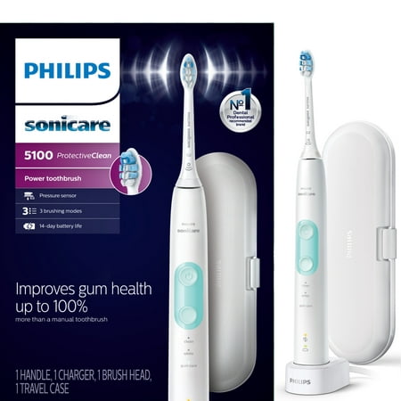 Philips Sonicare ProtectiveClean 5100 Plaque Control, Rechargeable Electric Toothbrush with Pressure Sensor, White Mint Hx6857/11