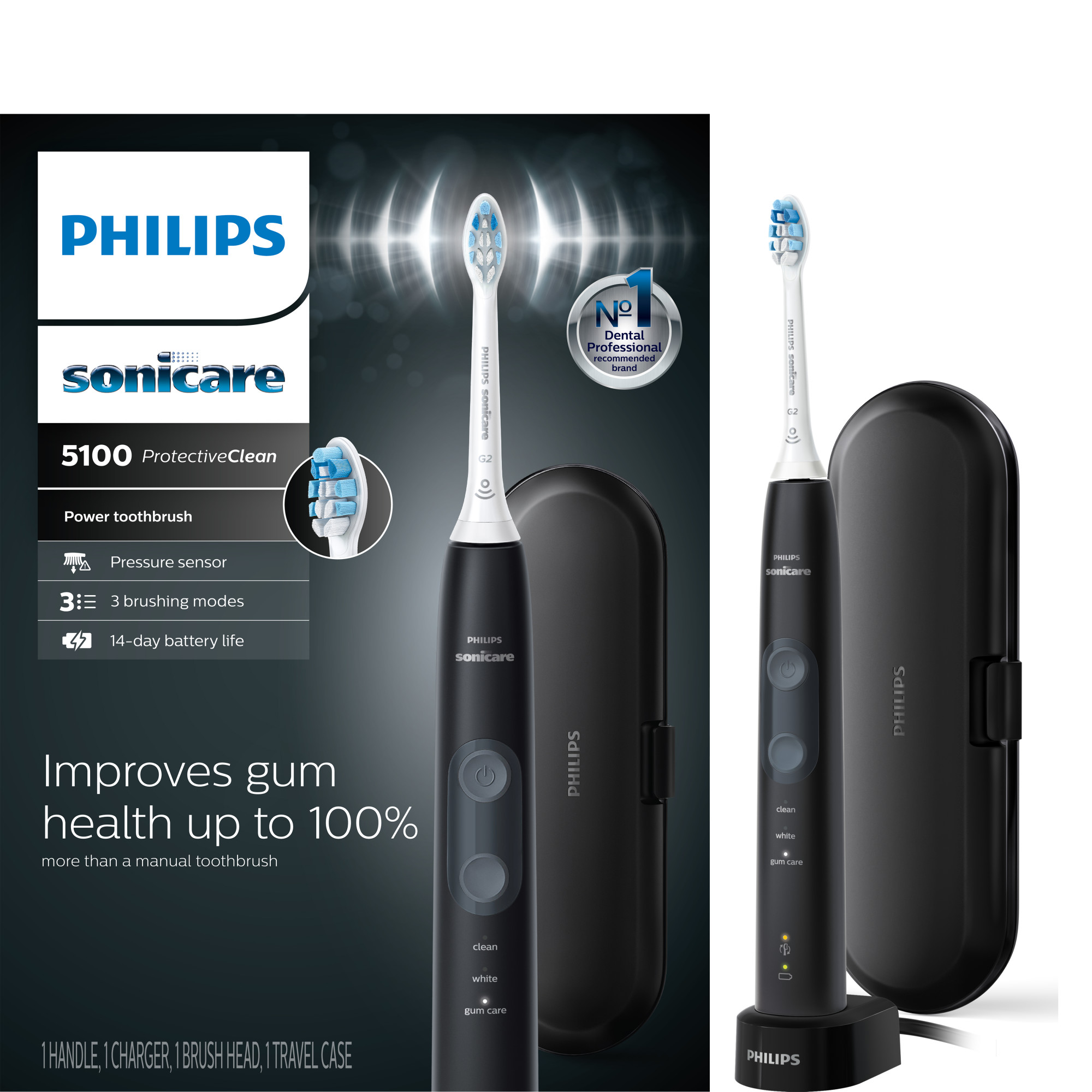 Philips Sonicare ProtectiveClean 5100 Rechargeable Electric Toothbrush, Black Hx6850/60 - image 1 of 5