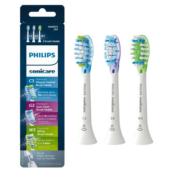 Philips Sonicare Replacement Toothbrush Head Variety Pack - 1 Premium Plaque Control + 1 Premium Gum Care + 1 Premium White, HX9073/65, Brushsync Technology, White 3-pk