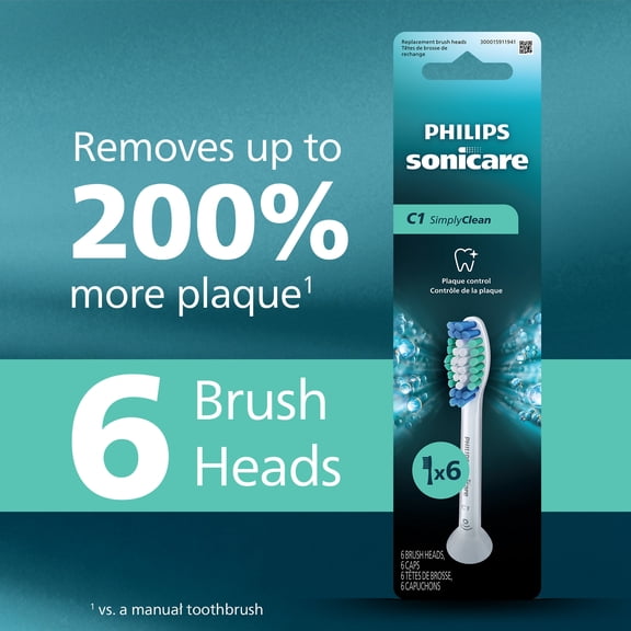 Philips Sonicare C1 Simplyclean - Genuine Replacement Electric Toothbrush Heads, White, 6 Pack Up To 18 Month Supply, HX6016/77