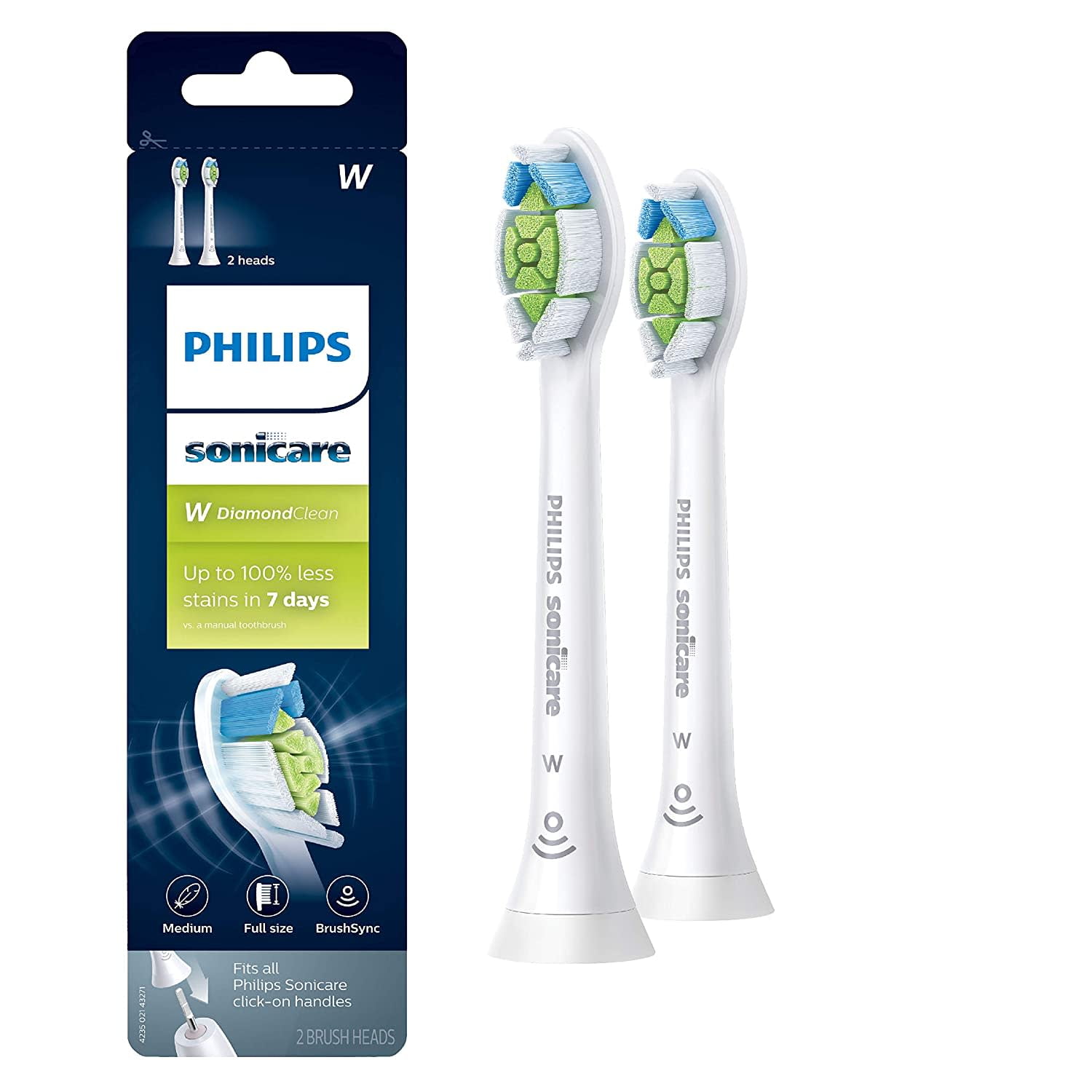 Philips Sonicare W DiamondClean replacement toothbrush heads, HX6062/65, BrushSync technology, White 2-pk *EN