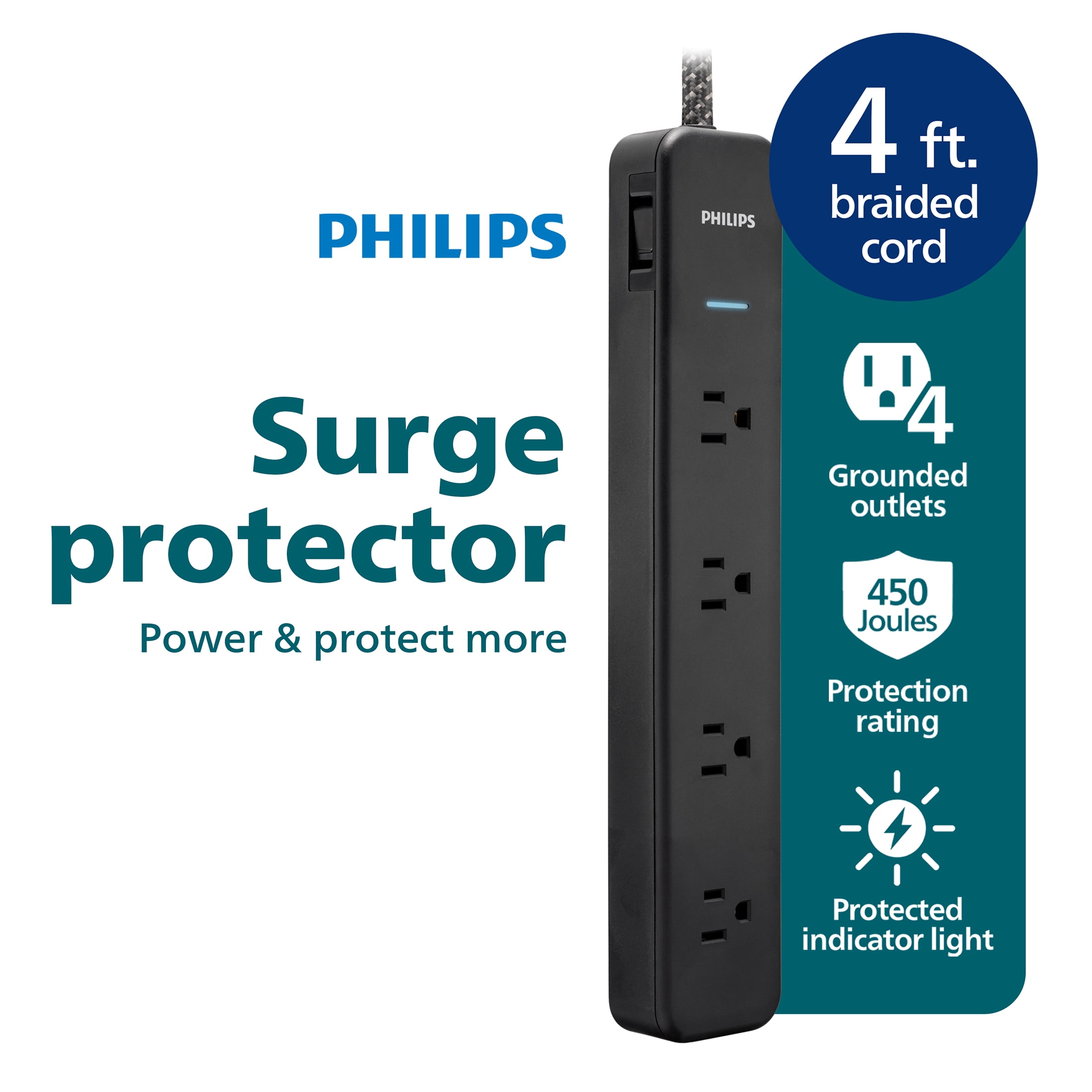 Philips Surge Protector, 4 Outlet, Adapter-Spaced, 450J, Braided Cord, 4ft, Black