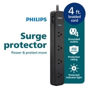 Philips Surge Protector, 4 Outlet, Adapter-Spaced, 450J, Braided Cord, 4ft, Black