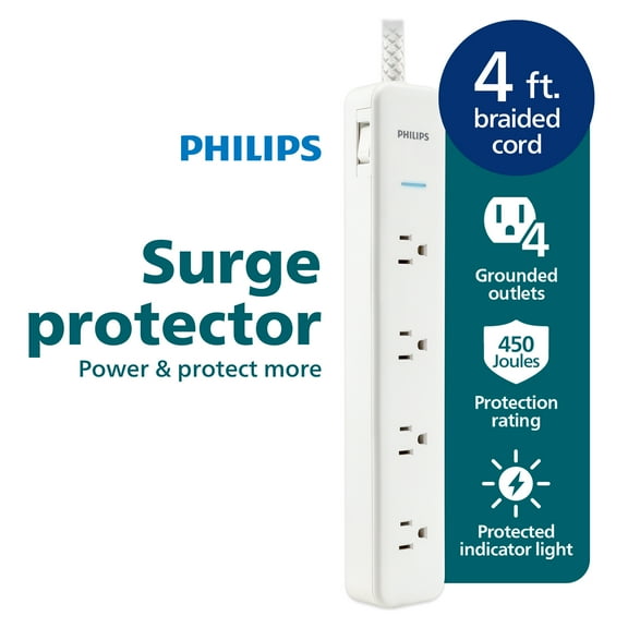 Philips Surge Protector, 4 Outlet, Adapter-Spaced, 450J, Braided Cord, 4ft, White