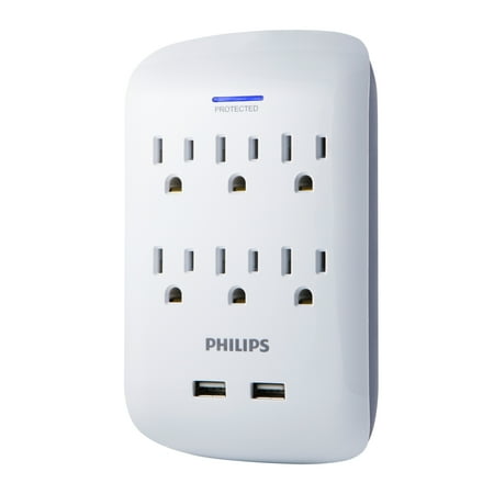 Philips Surge Tap, 6 Outlet, 2 USB-A, 2.1A, 900J, White