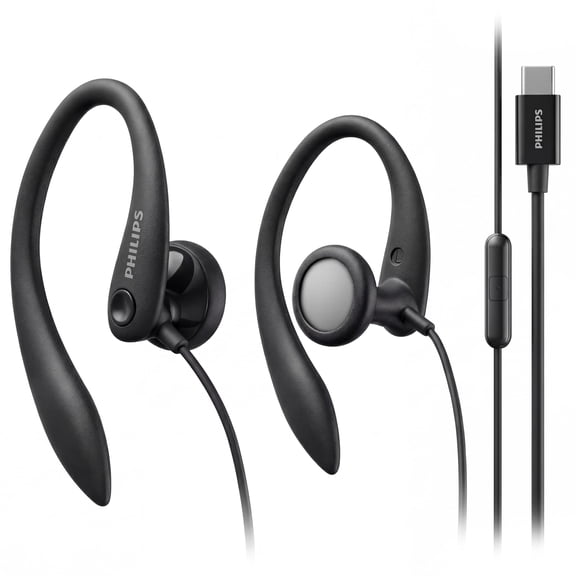 Philips USB-C Wired Earbuds with Microphone, Over-Ear Sport Hooks, 15mm Drivers, Inline Controls, Plug & Play, Running & Gym - Black