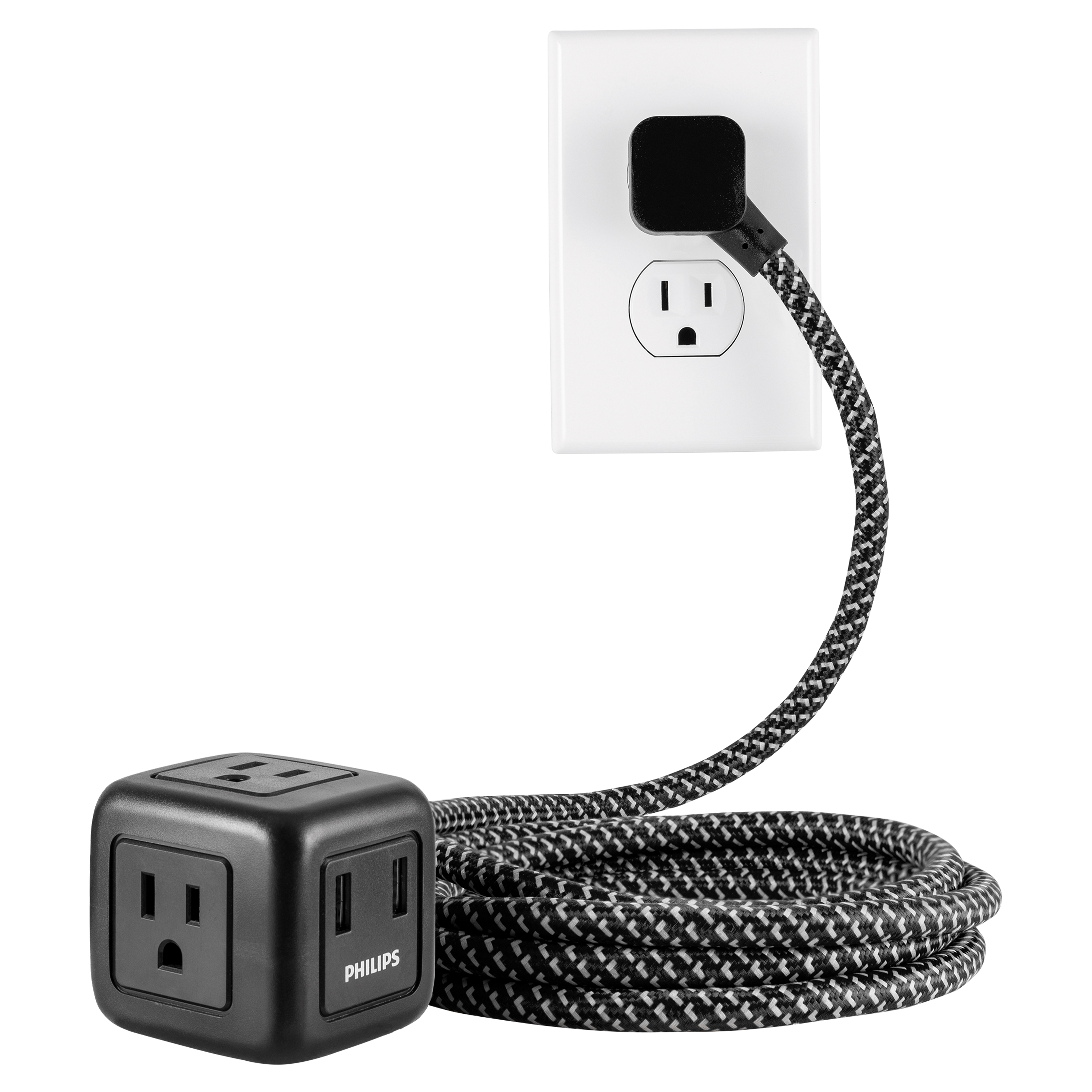 Philips USB Extension Cord Cube, 10ft. Braided Cord, 2 USB A, Black