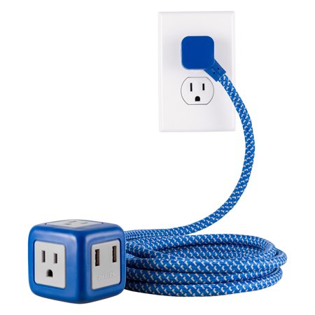 Philips USB Extension Cord Cube, 10ft. Braided Cord, 2 USB A, Blue