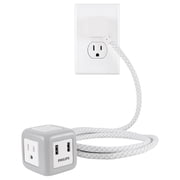 Philips USB Extension Cord Cube, 5ft. Braided Cord, 2 USB A, Gray/White