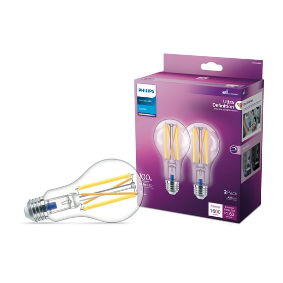 Philips Ultra Definition LED 100-Watt A21 Light Bulb, Clear Daylight, Dimmable, E26 Medium Base (2-Pack)