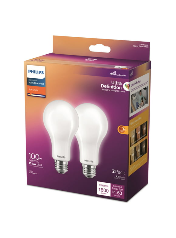 Philips Ultra Definition LED 100-Watt A21 Light Bulb, Frosted Soft White, Dimmable, E26 Medium Base (2-Pack)