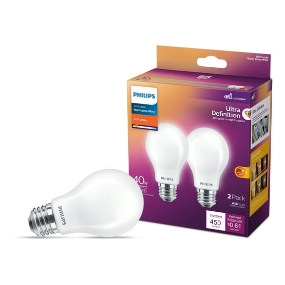 Philips Ultra Definition LED 40-Watt A19 Light Bulb, Frosted Soft White, Dimmable, E26 Medium Base (2-Pack)