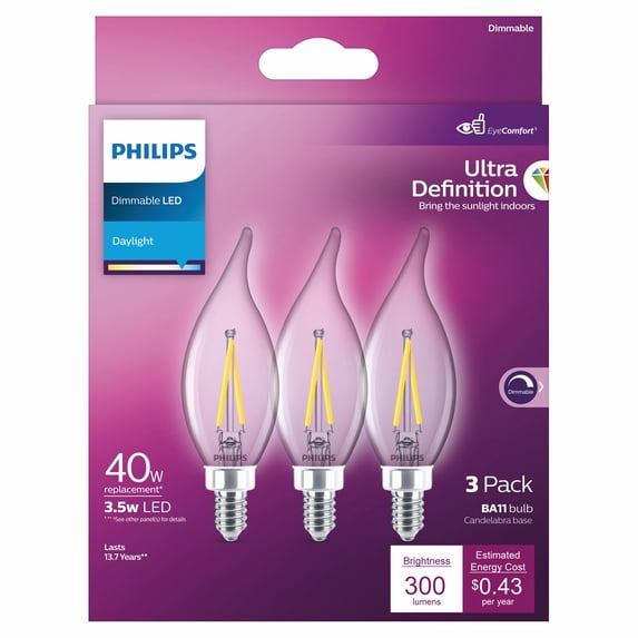 Philips Ultra Definition LED 40-Watt BA11 Filament Candle Light Bulb, Clear Daylight, Dimmable, E12 Candelabra Base (3-Pack)