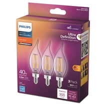 Philips Ultra Definition LED 40-Watt BA11 Filament Candle Light Bulb, Clear Soft White, Dimmable, E12 Candelabra Base (3-Pack)