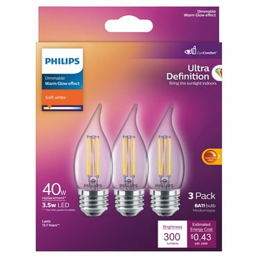 Philips Ultra Definition LED 40-Watts BA11 Filament Candle Light Bulb, Clear Soft White, Dimmable, E26 Medium Base (3-pack)