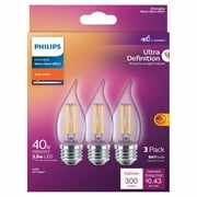 Philips Ultra Definition LED 40-Watts BA11 Filament Candle Light Bulb, Clear Soft White, Dimmable, E26 Medium Base 3-pack