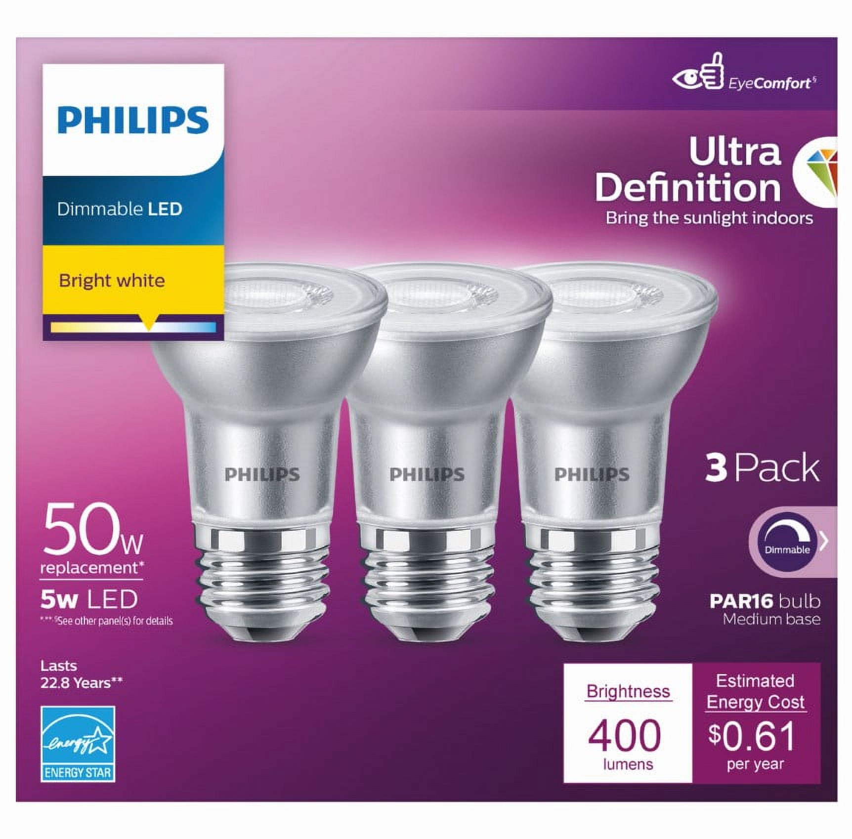 Ultra Definition LED 50-Watt PAR16 Indoor Spotlight Light Bulb, 40-Degree Beam Angle, Dimmable, E26 Base (3-Pack) - Walmart.com