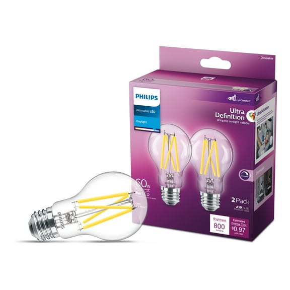 Philips Ultra Definition LED 60-Watt A19 Filament Light Bulb, Clear Daylight, Dimmable, E26 Medium Base (2-Pack)