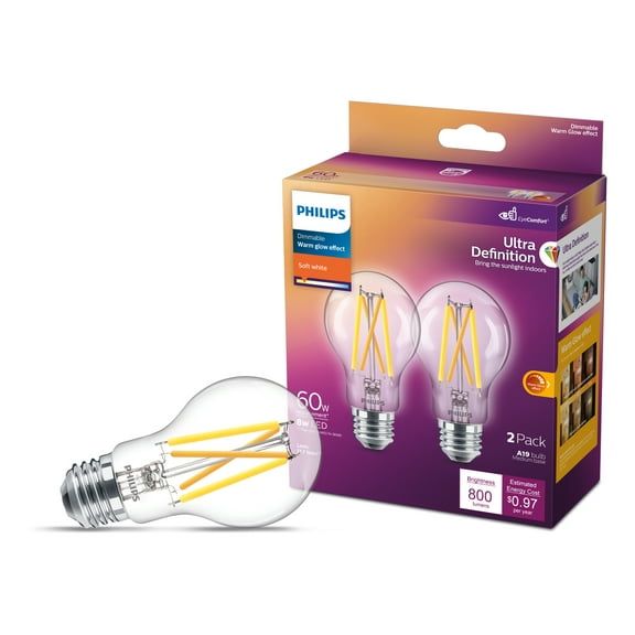Philips Ultra Definition LED 60-Watt A19 Filament Light Bulb, Clear Soft White, Dimmable, E26 Medium Base (2-Pack)