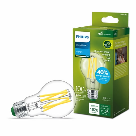 Philips Ultra Efficient LED 100-Watt A19 Light Bulb, Daylight, Clear, Dimmable, E26 Base (1-Pack)