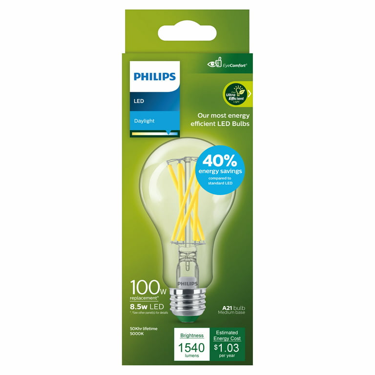 Vær opmærksom på gård rille Philips Ultra Efficient LED 100-Watt A21 Light Bulb, Daylight,  Non-Dimmable, E26 Base (1-Pack) - Walmart.com