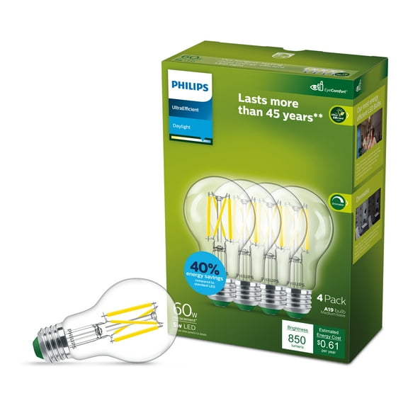 Philips Ultra Efficient LED 60-Watt A19 Light Bulb, Daylight, Clear, Dimmable, E26 Base (4-Pack)