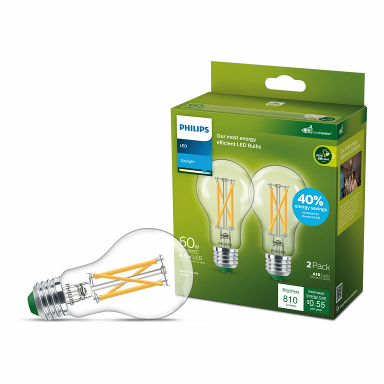 opblijven Het strand Methode Philips Ultra Efficient LED 60-Watt A19 Light Bulb, Daylight, Non-Dimmable,  E26 Base (2-Pack) - Walmart.com