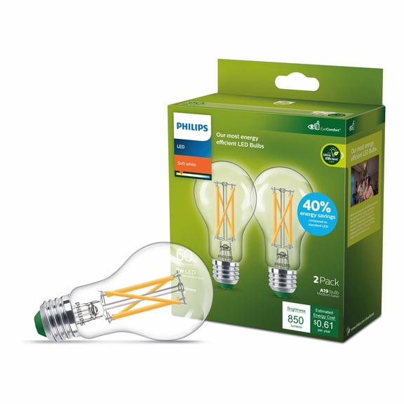 Philips Ultra Efficient LED 60-Watt A19 Light Bulb, Daylight, Non-Dimmable, E26 Base (2-Pack)