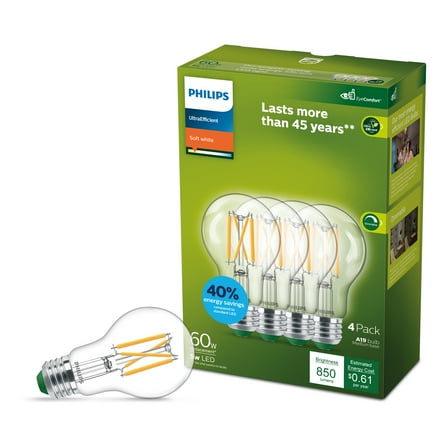 Philips Ultra Efficient LED 60-Watt A19 Light Bulb, Soft White, Clear, Dimmable, E26 Base (4-Pack)