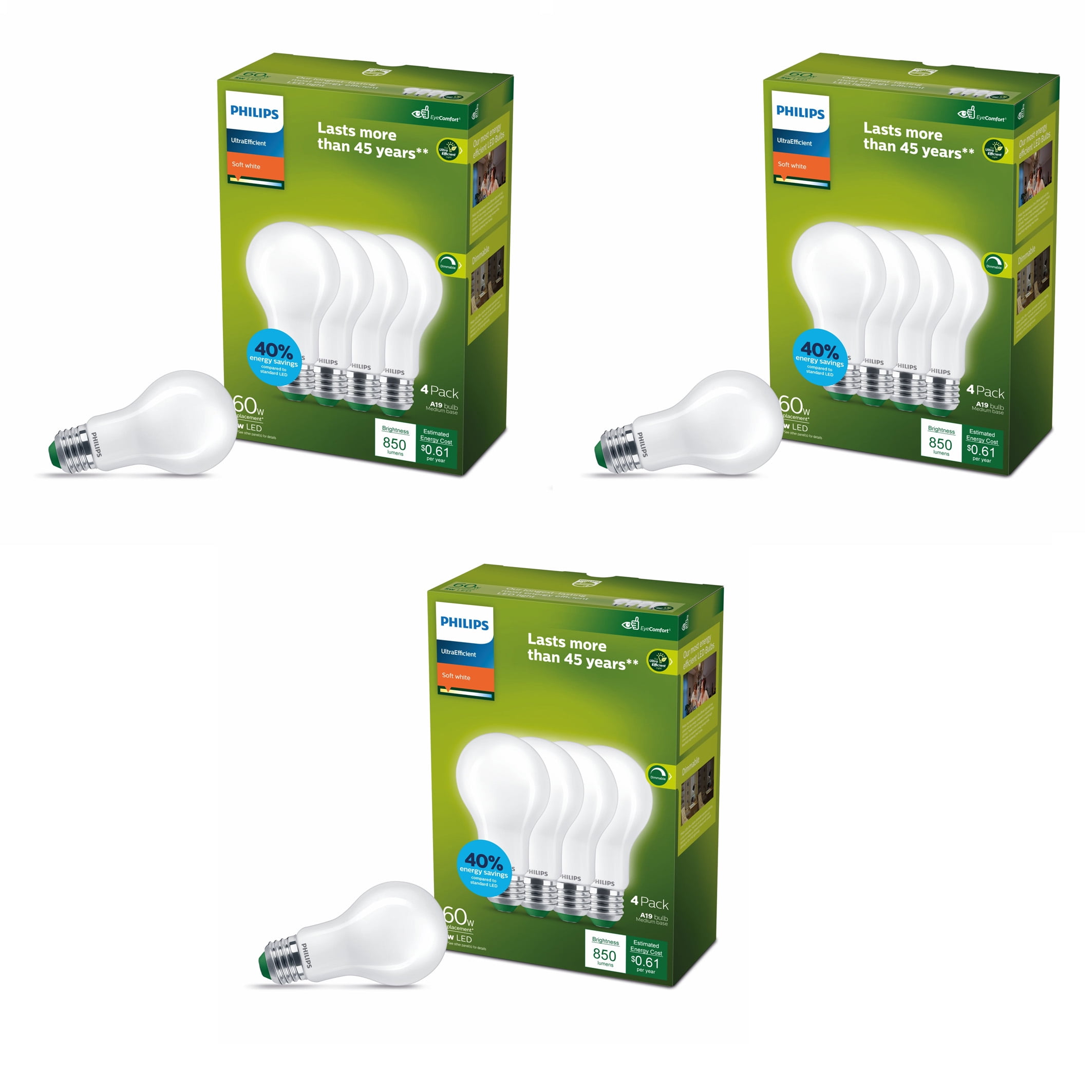Philips Ultra Efficient LED 60-Watt A19 Light Bulb, Soft White, Frosted, Dimmable, E26 Base (12-Pack)