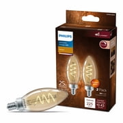 Philips Vintage LED 25-Watt B11 Filament Candle Spiral Light Bulb, Amber, Dimmable, E12 Candelabra Base (2-Pack)